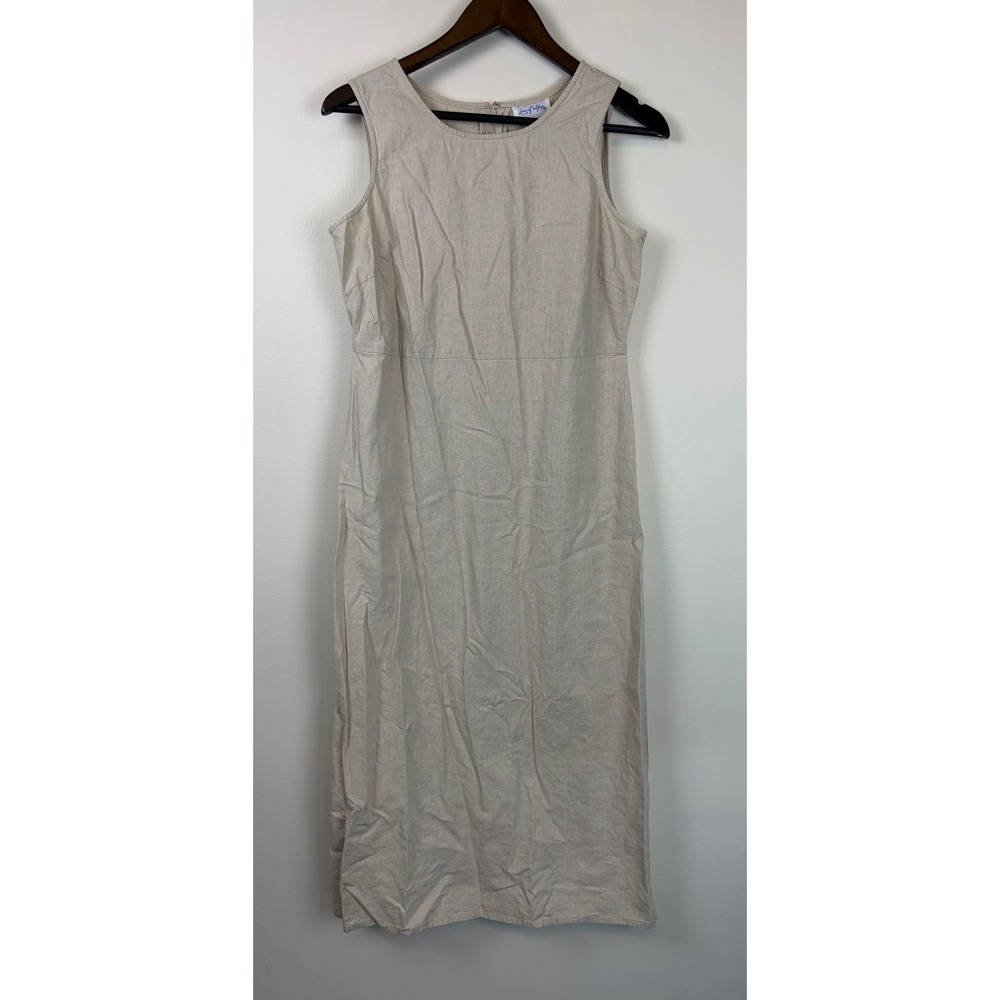Lanz of Salzburg Dress 10 Beige Linen Cotton Sleeveless Midi Sheath Vintage 1987